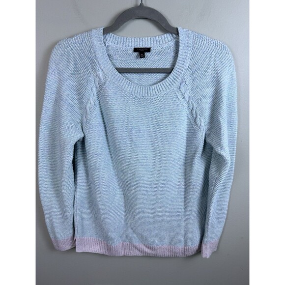 Talbots Sweater Cotton Linen Blend knit marbled blue pink Trim Petite Medium - Picture 2 of 7